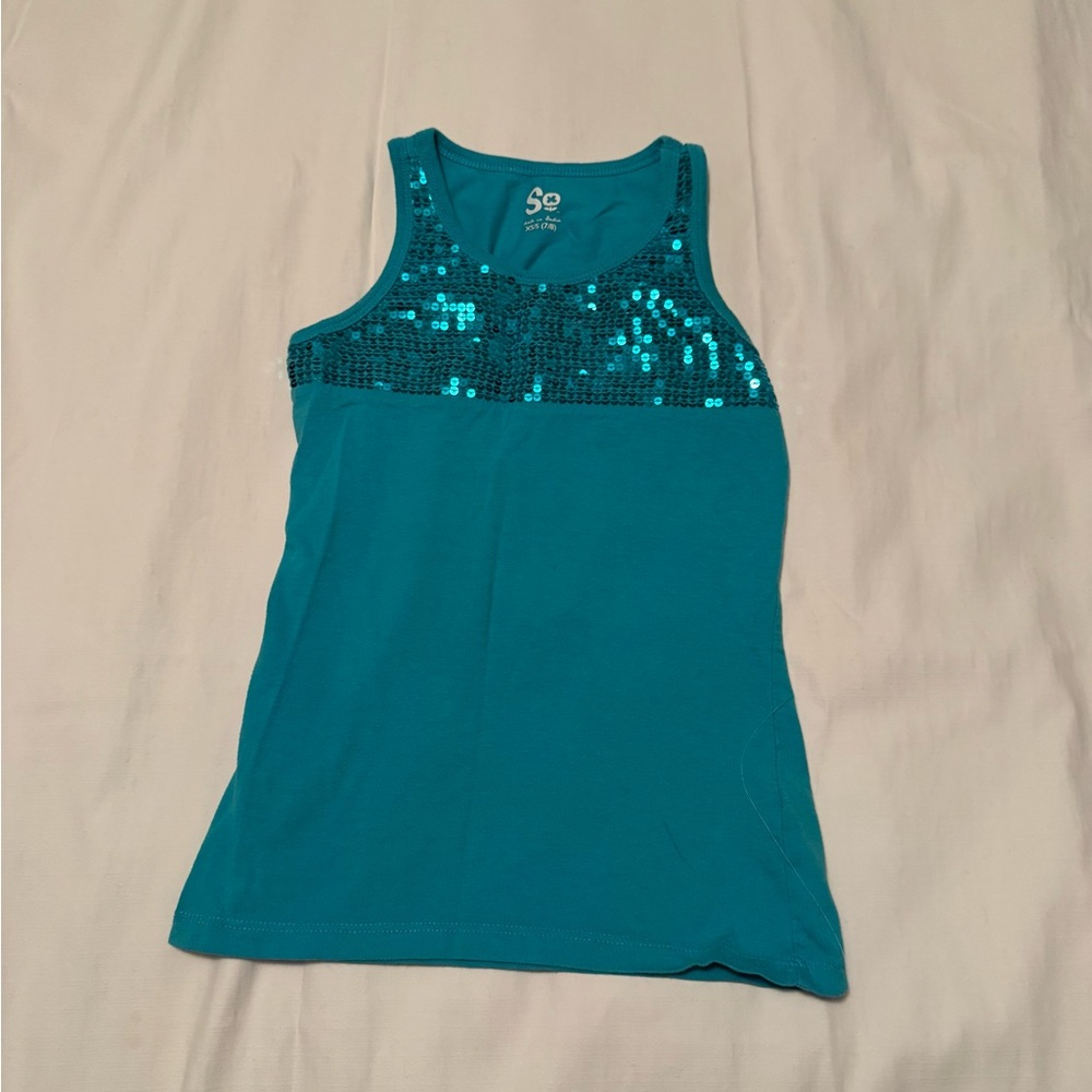 SO Girls Teal Turquoise Sequin Tank Top Sz 7/8